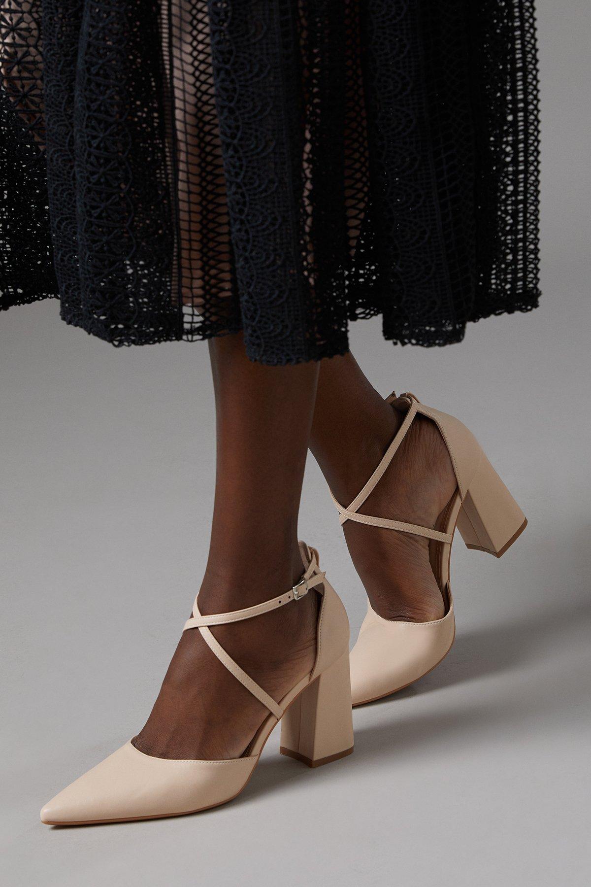 Coast Treat Faux Leather  Cross Strap Pointed Block Heel Court Shoes Nude image 1