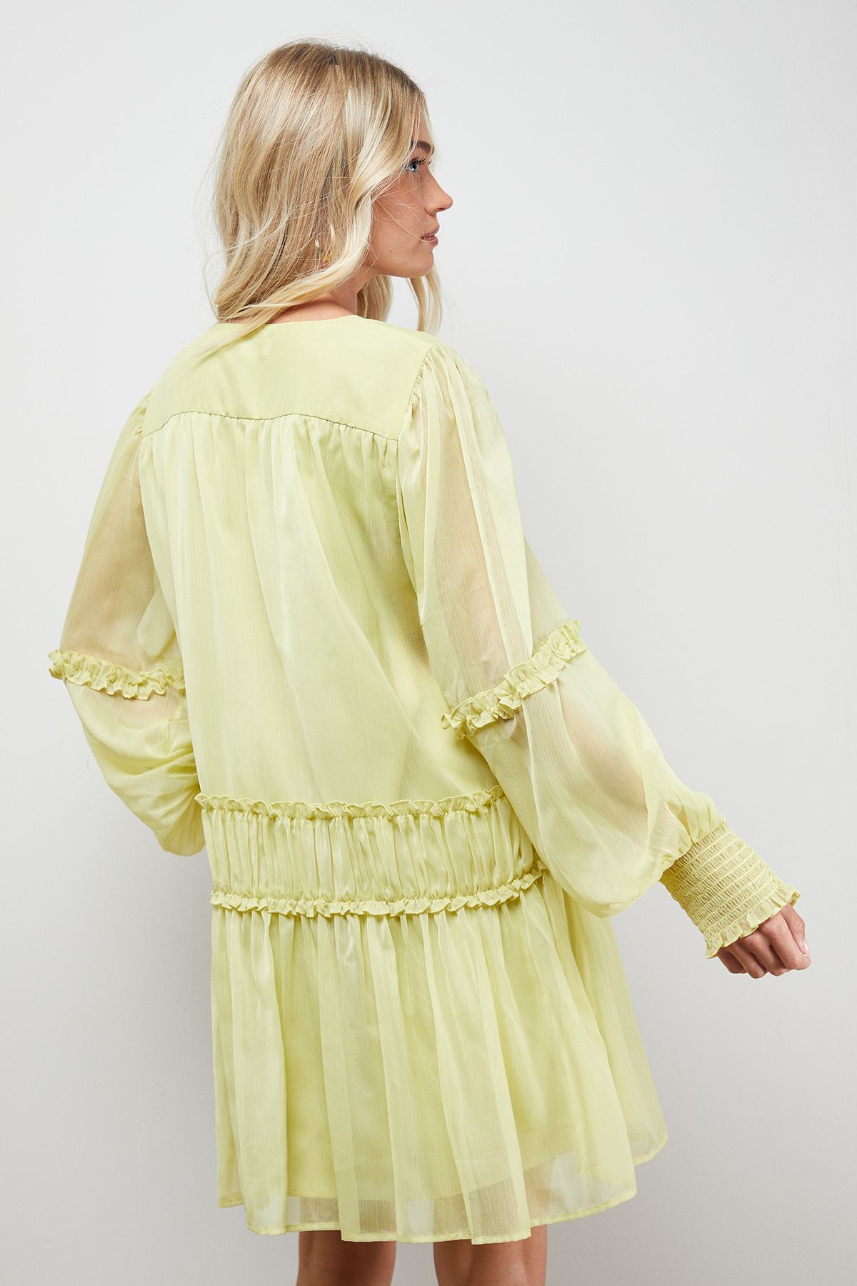 Oasis Plain Chiffon Shirred Front Tie Neck Mini Dress Olive image 3