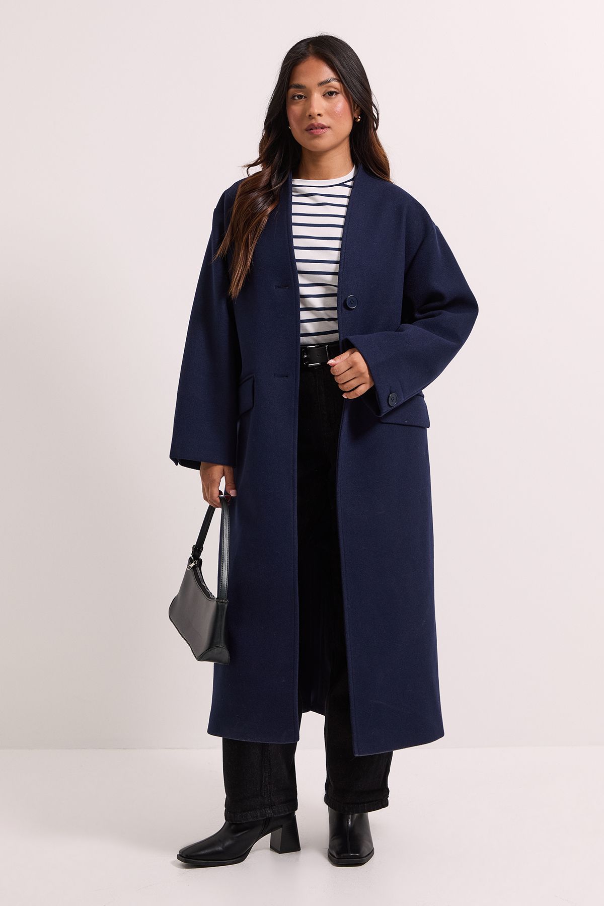 Dorothy Perkins Petite Collarless Single Breasted Faux Wool Coat Navy image 1