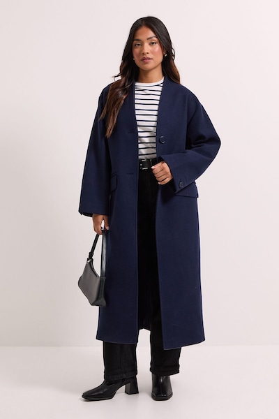 Dorothy Perkins Petite Collarless Single Breasted Faux Wool Coat Navy