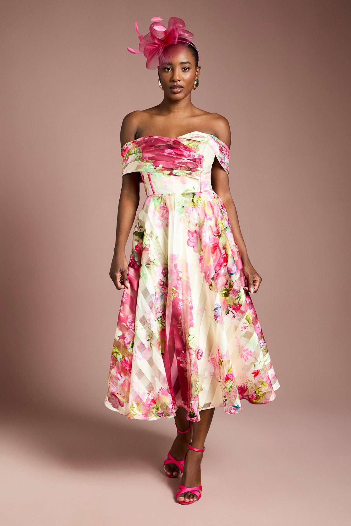 Coast Stripe Organza Pleat Top Midi Dress Ivory image 1