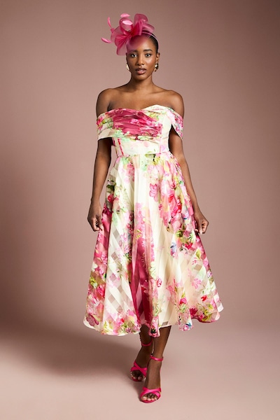 Coast Stripe Organza Pleat Top Midi Dress Ivory