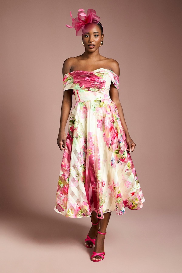 Coast Stripe Organza Pleat Top Midi Dress Ivory