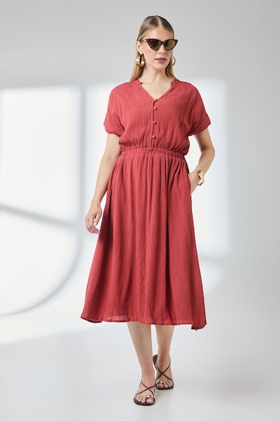 Principles Elasticated Waist Crinkle Viscose Midi Dress Rust