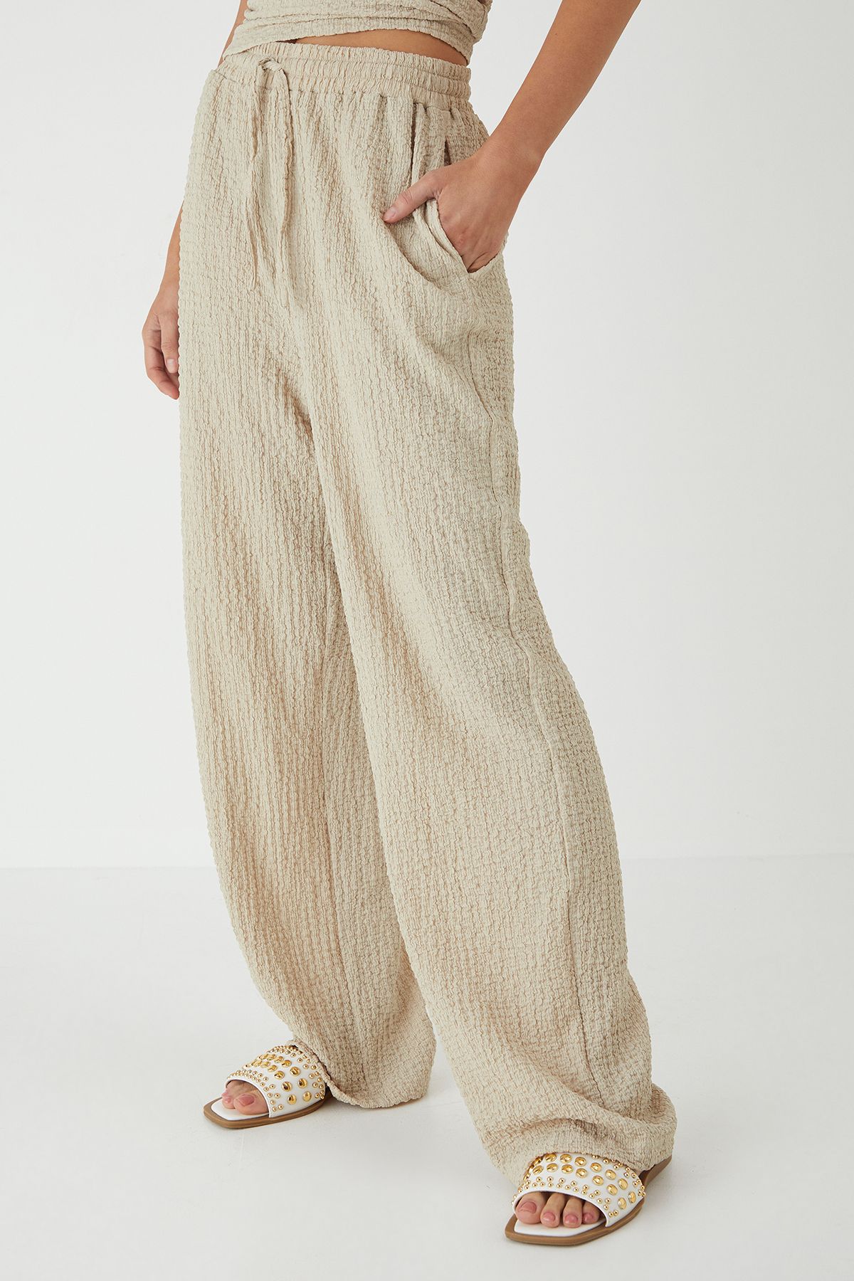 MissPap Crinkle Textured Wide Leg Trousers Stone image 2