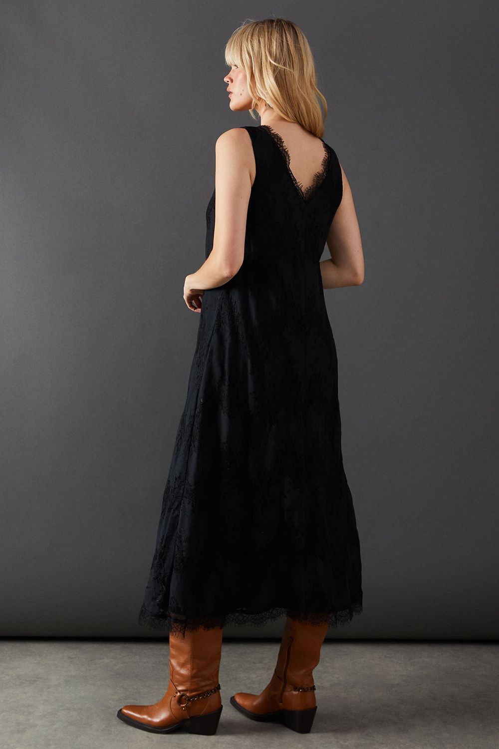 Warehouse Lace Burnout V Neck Trapeze Midi Dress Black image 3