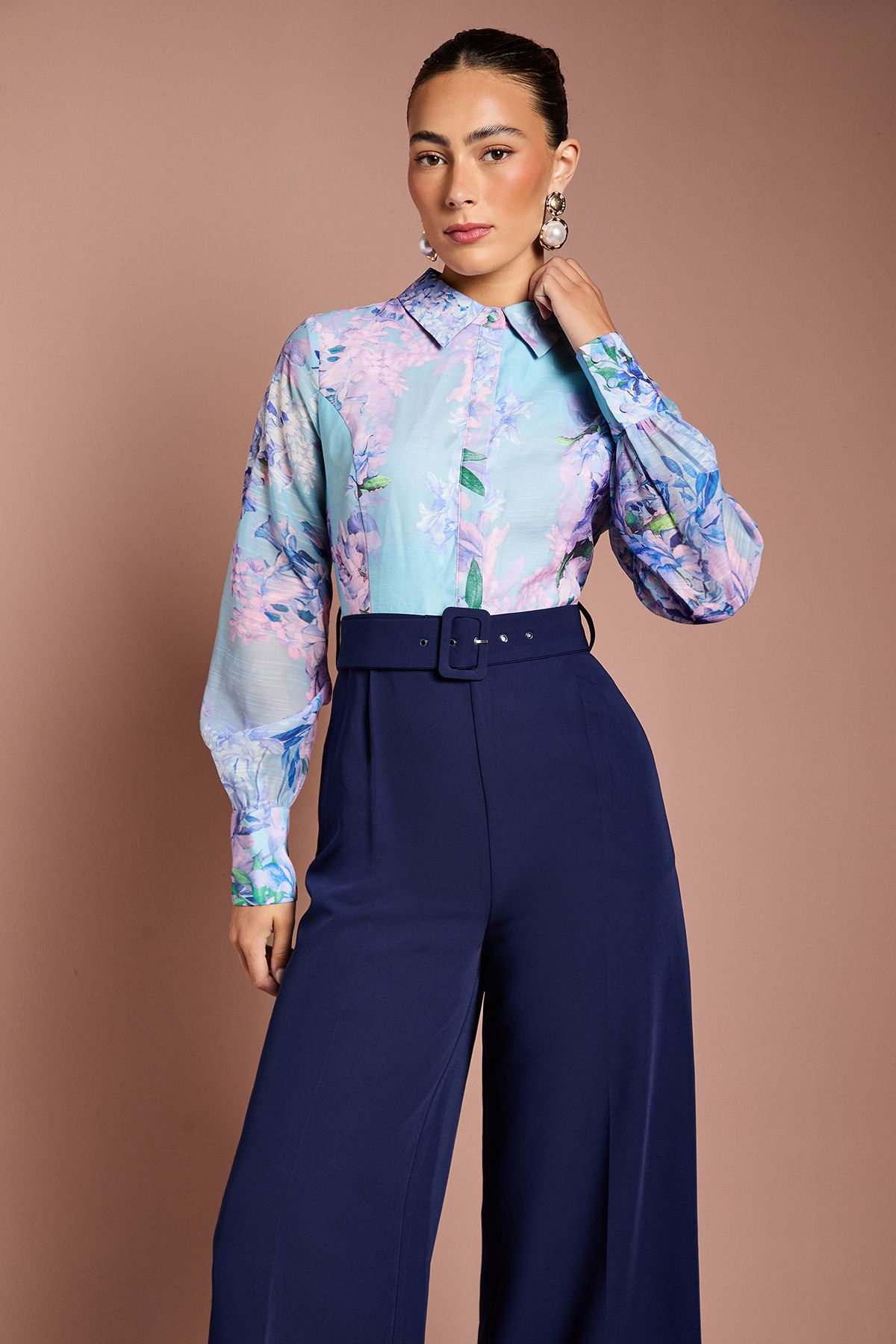 Coast Printed Collared Wide Leg Belted Jumpsuit Navy image 4