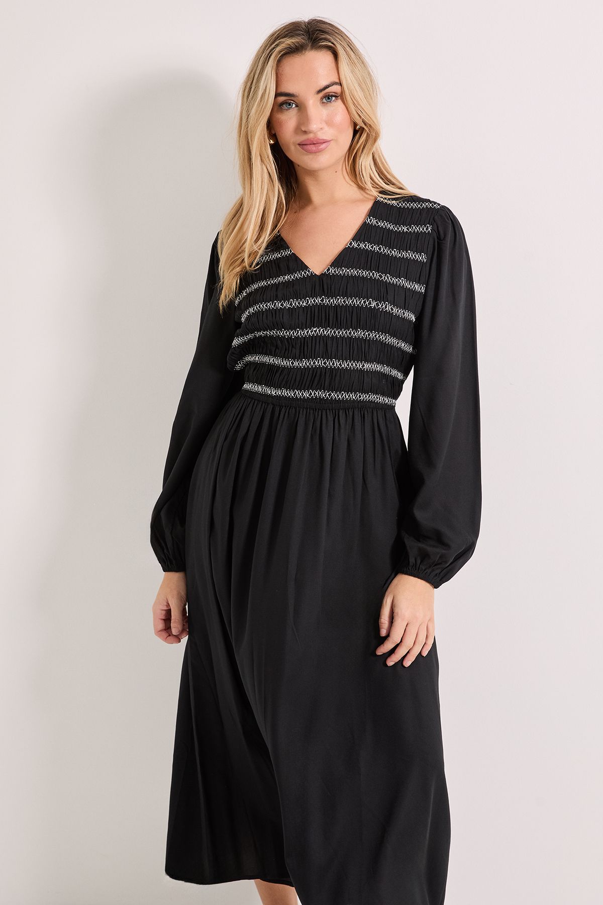 Dorothy Perkins Contrast Stitching Shirred Bodice V Neck Midi Dress Mono image 4