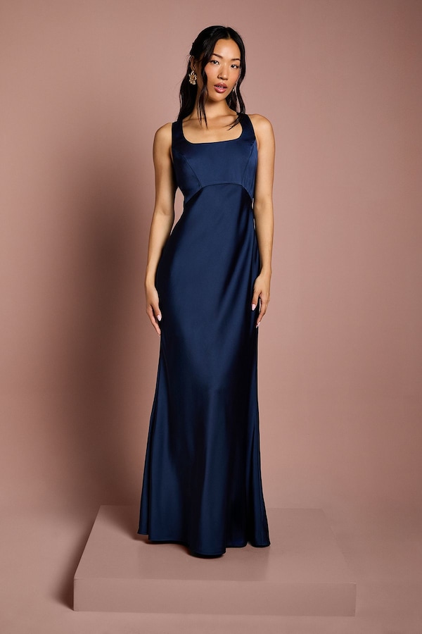 Coast Square Neck Satin and Crepe Bridesmaid Dress with Bow Back Navy