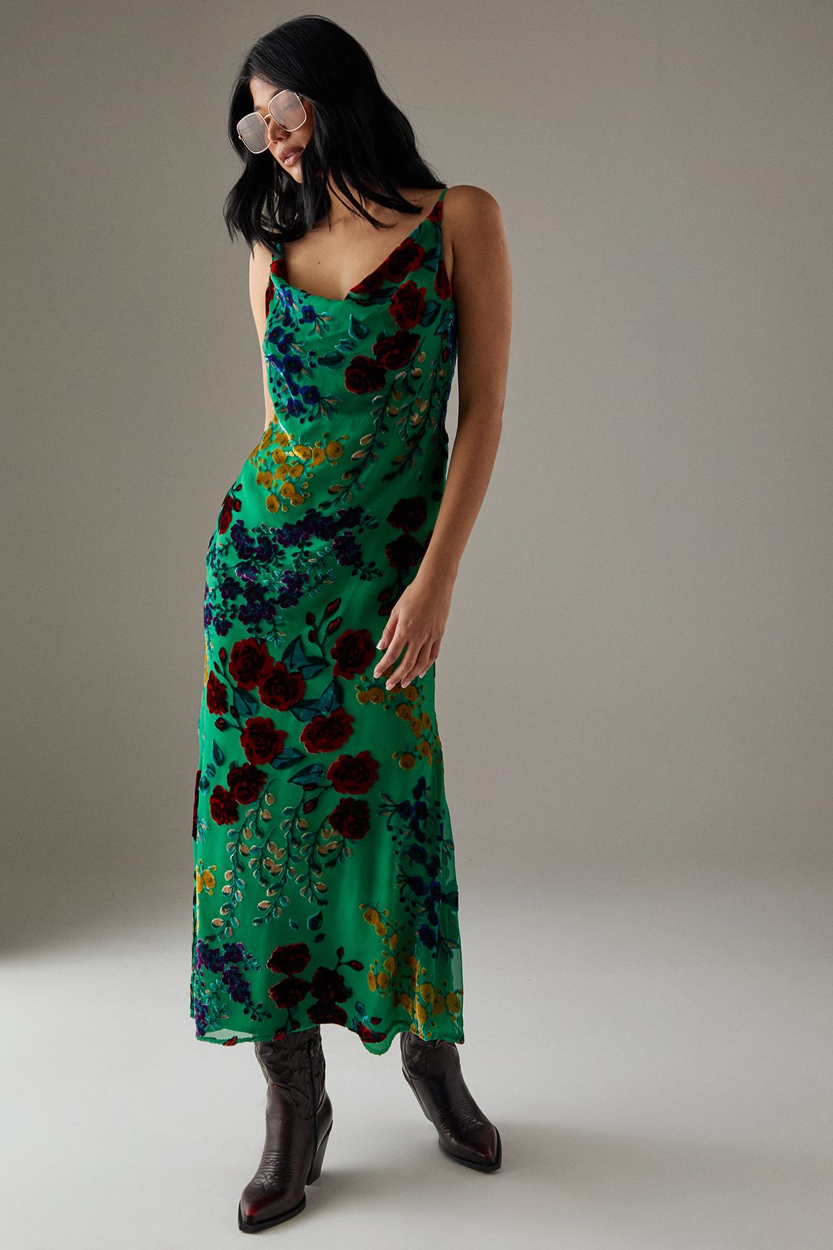 Warehouse Premium Burnout Cowl Neck Strappy Midi Slip Dress Green