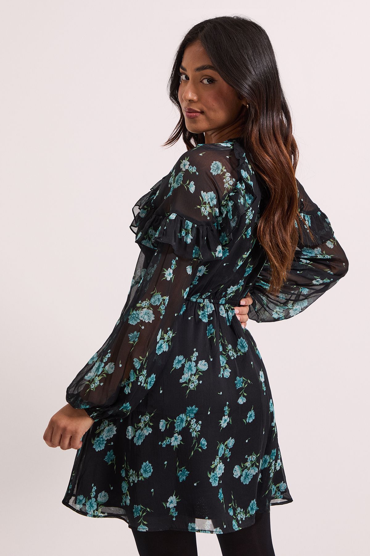 Dorothy Perkins Petite Green Floral Frill Detail Blouson Sleeve Mini Dress Green image 4