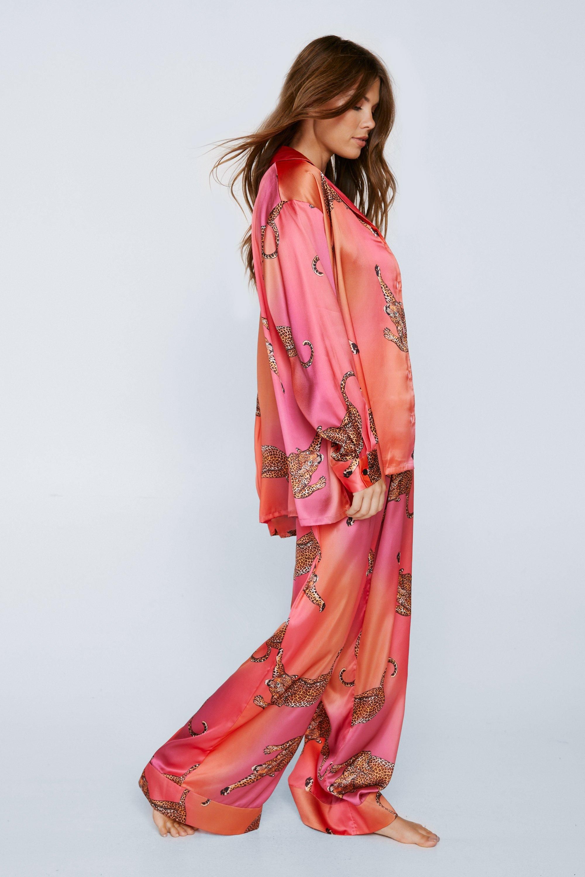 NastyGal Satin Leopard 3pc Shirt Bralette & Pants Pajama Set Pink image 3