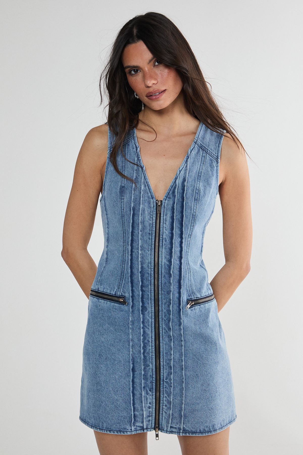 NastyGal Denim Seam Detail Zip Through Mini Dress Light Wash image 2
