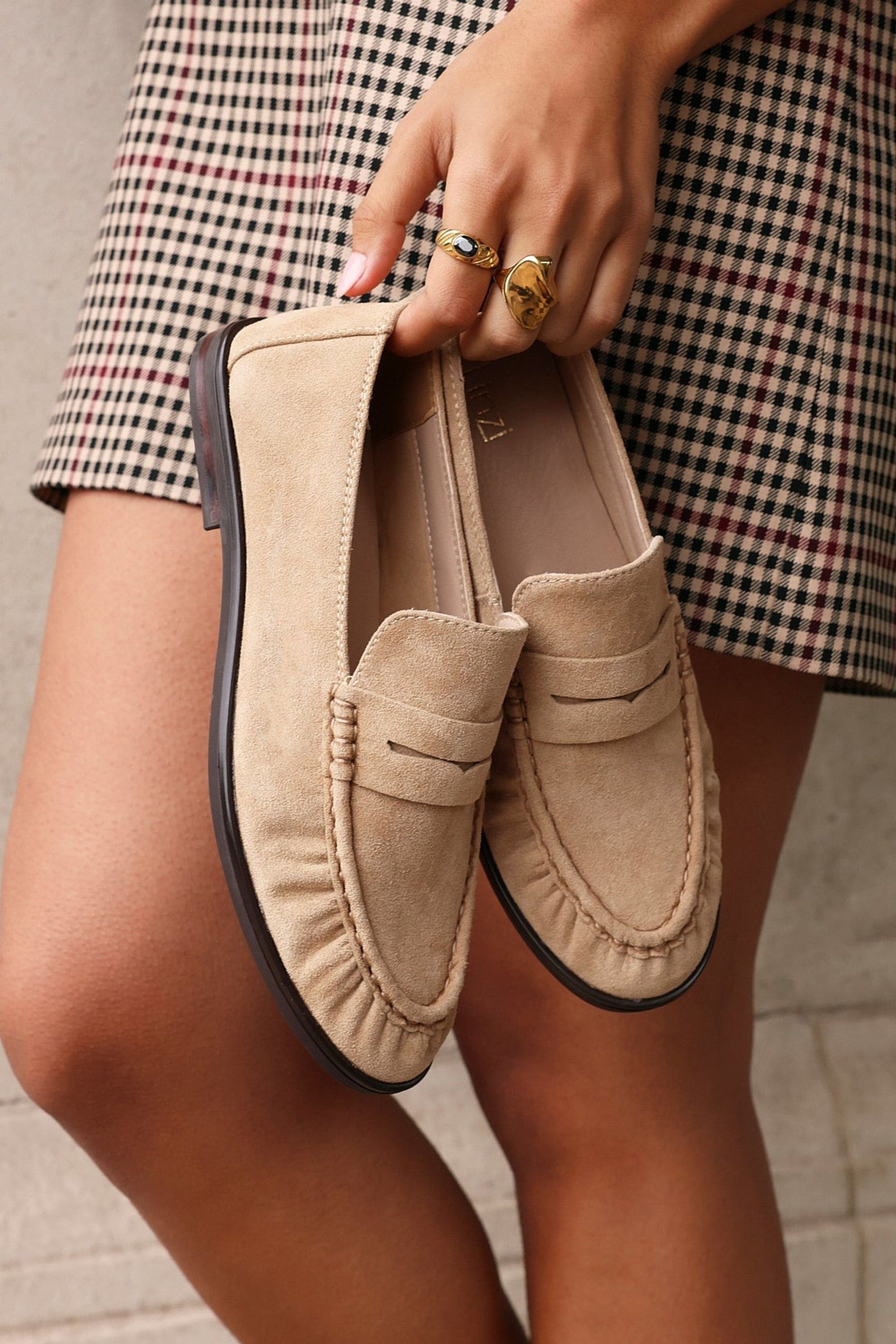 Linzi Belmont Beige Suede Leather Ruched Loafer image 2