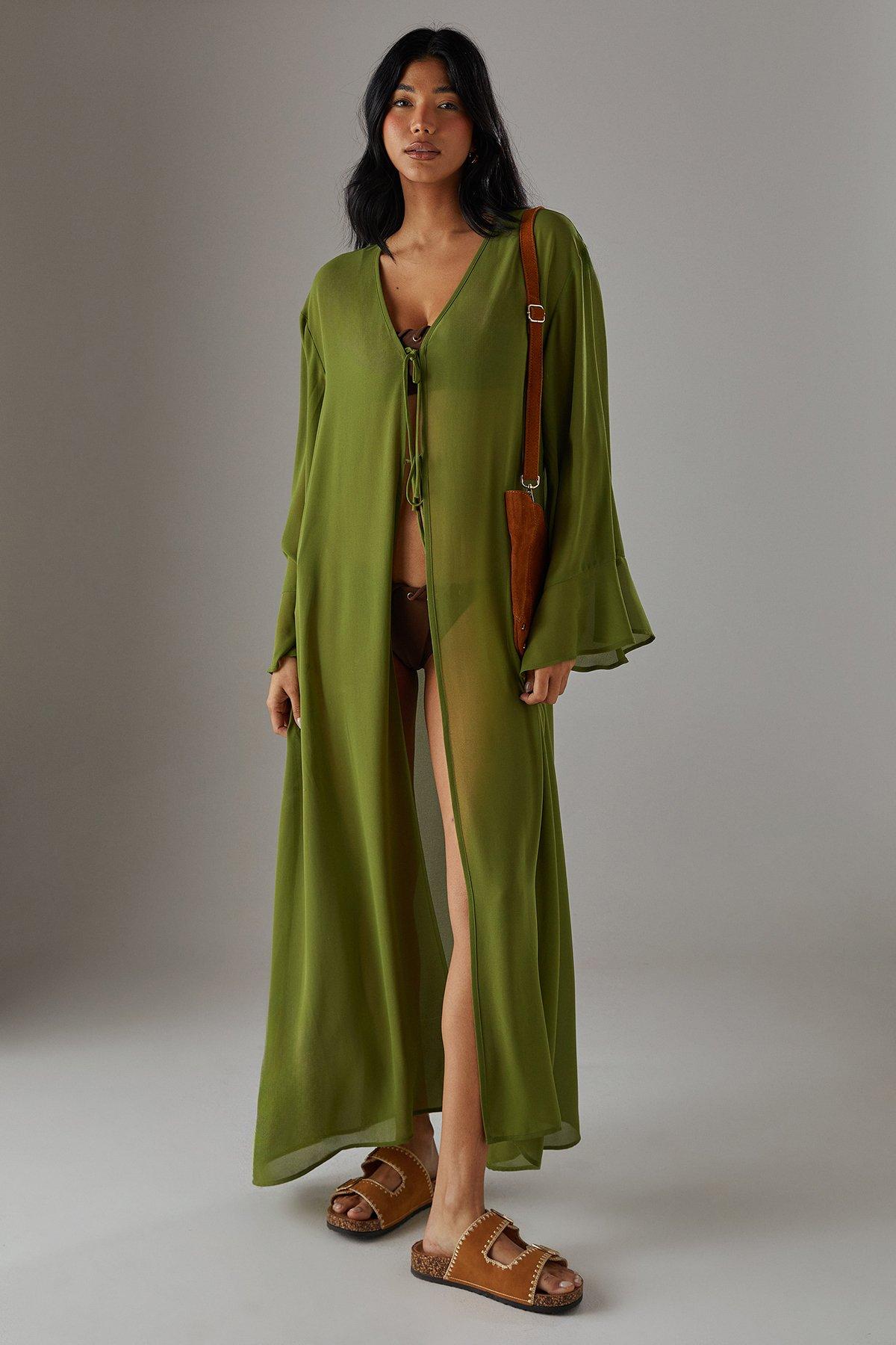 Warehouse Printed Maxi Tie front Kimono Olive image 2