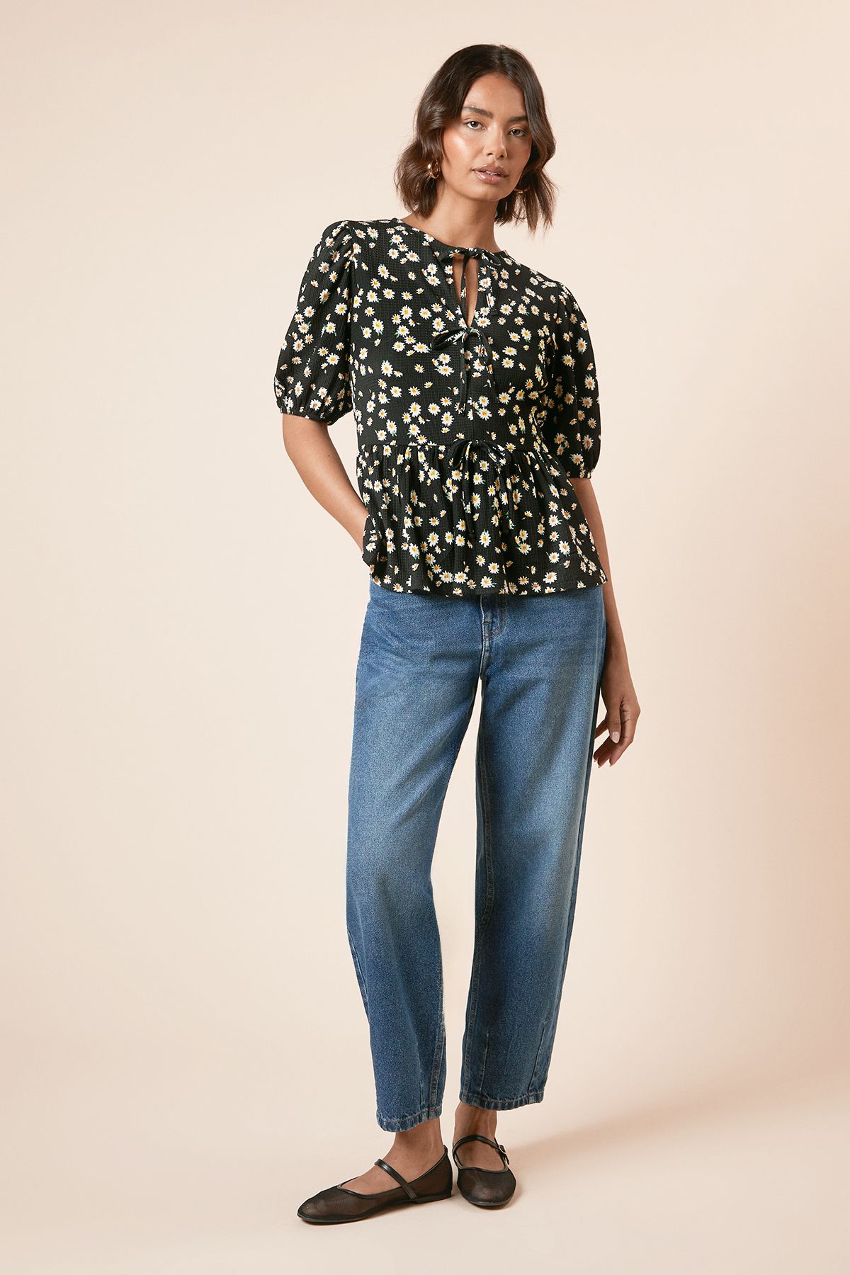 Dorothy Perkins Floral Bow Tie Front Puff Sleeve Jersey Top Mono image 1