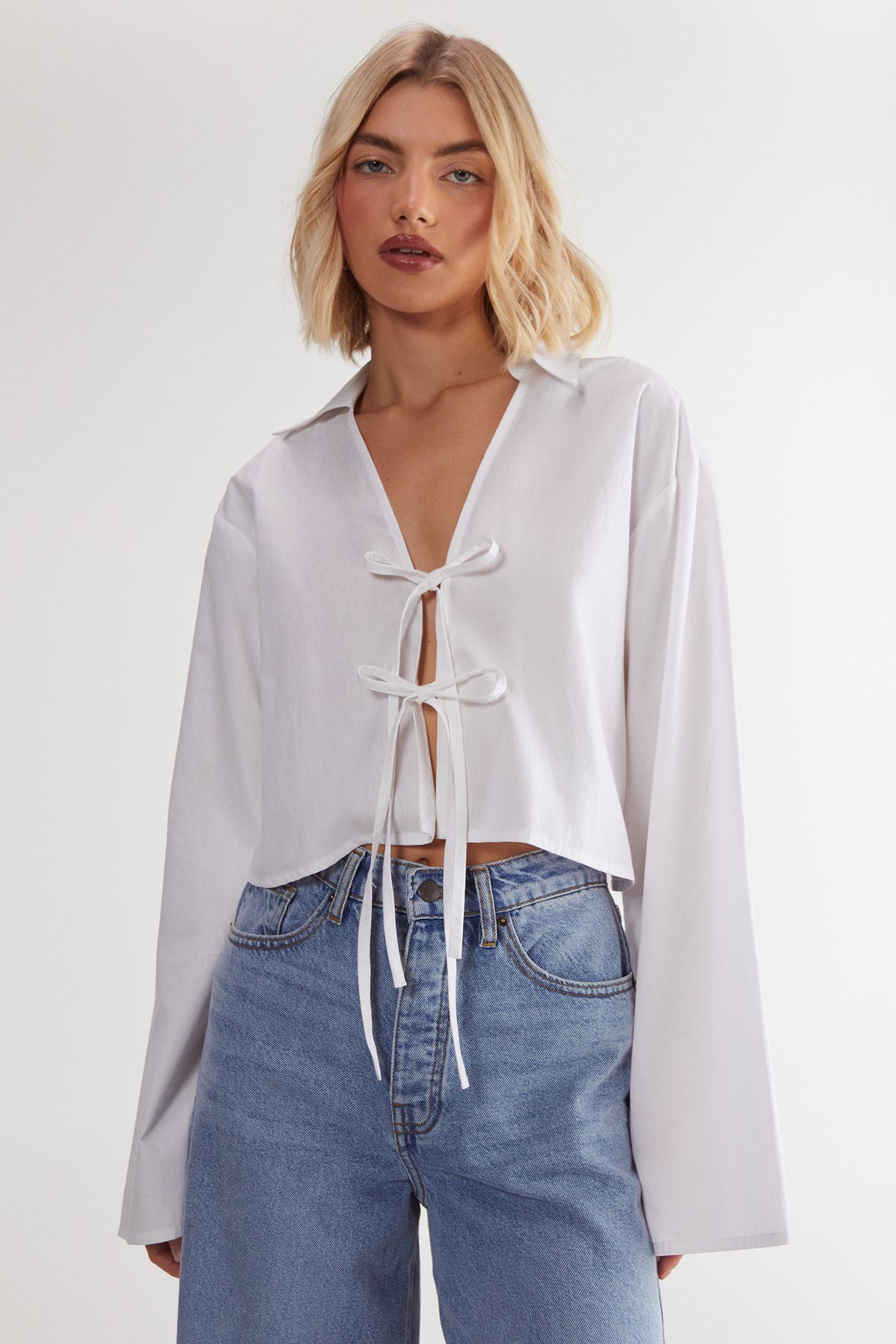 NastyGal Cotton Tie Front Collared Wide Cuff Shirt White image 1
