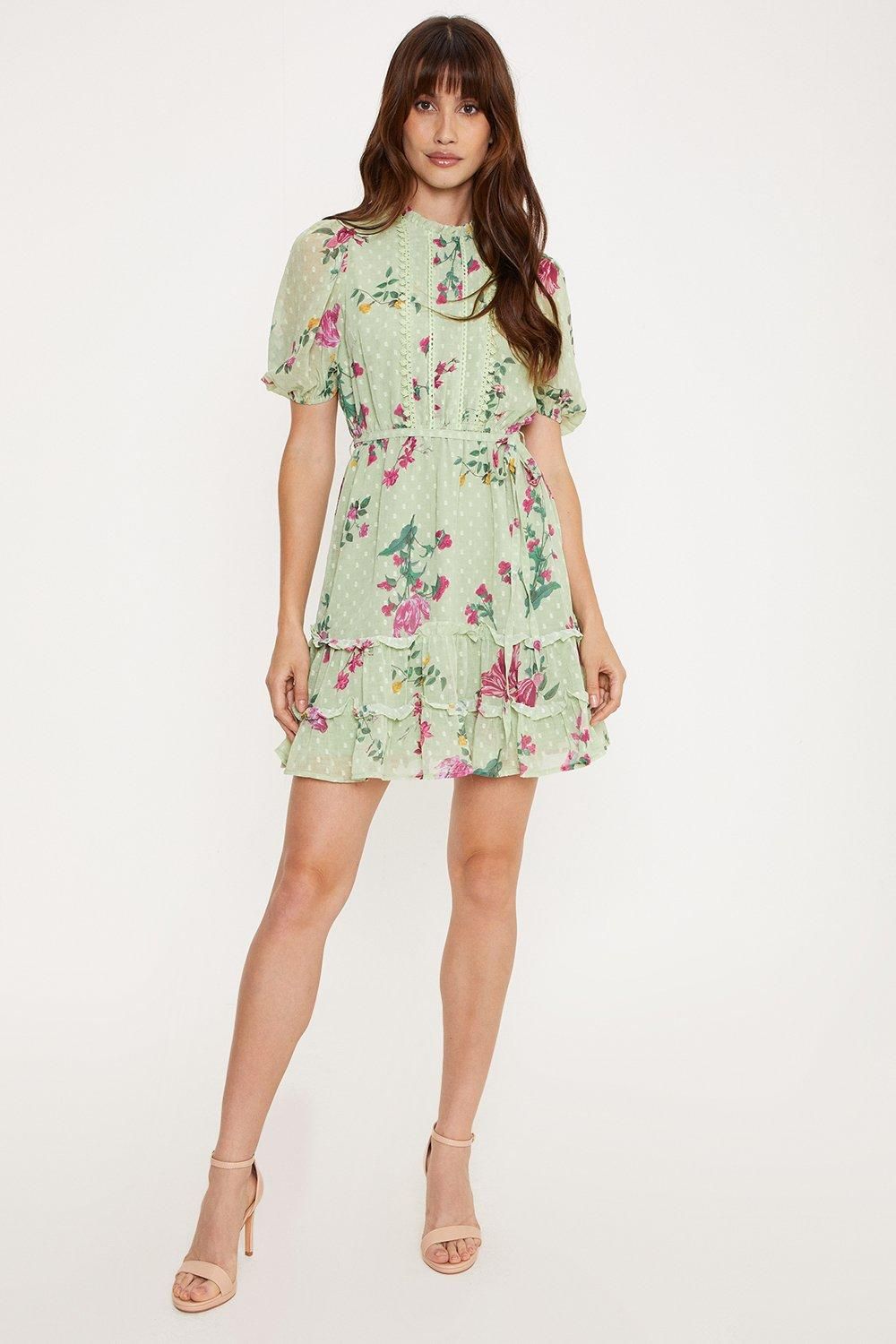 Oasis Lace Trim Floral Chiffon Skater Dress Sage