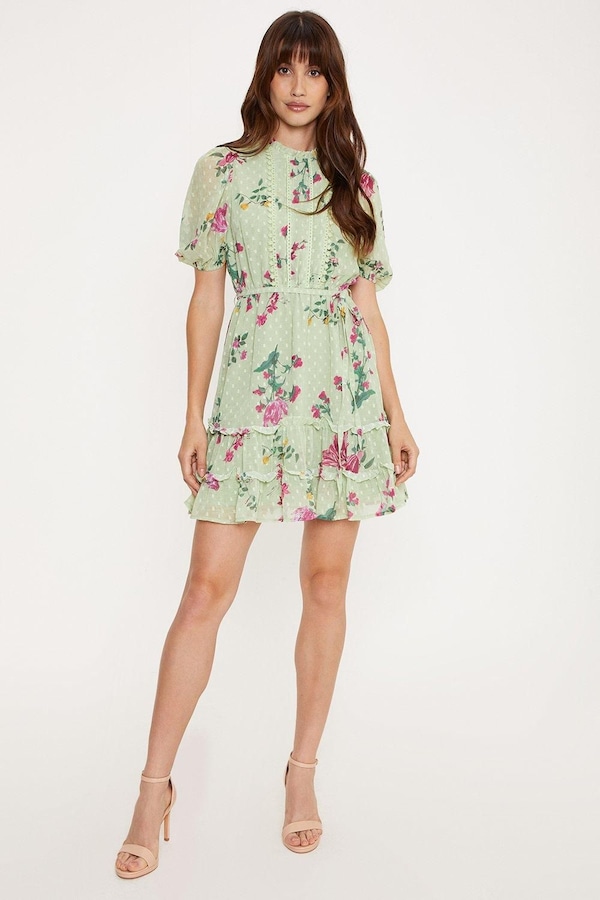 Oasis Lace Trim Floral Chiffon Skater Dress Sage