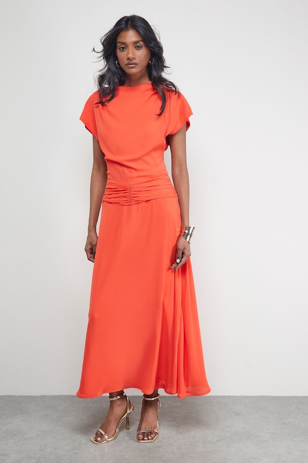 Warehouse Chiffon Grown On Sleeve Drop Waist Midi Dress Orange