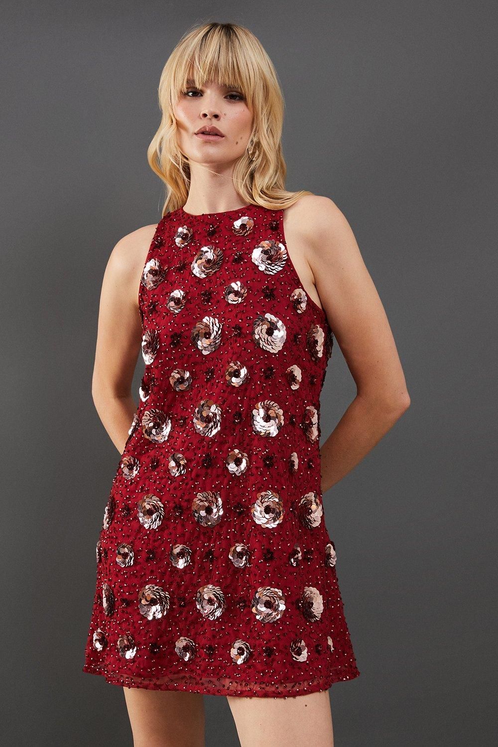 Warehouse Premium Rose Hand Embellished Sequin Racer Mini Dress Red