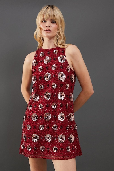 Warehouse Premium Rose Hand Embellished Sequin Racer Mini Dress Red