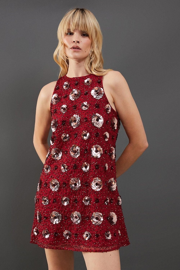 Warehouse Premium Rose Hand Embellished Sequin Racer Mini Dress Red