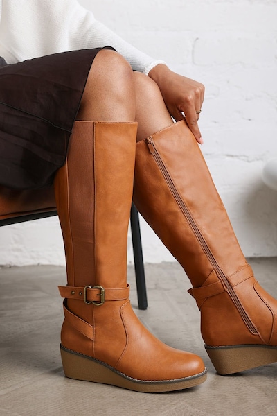 Where's That From 'Regina' Faux Leather Knee High Wedge Boots With Strap And Buckle