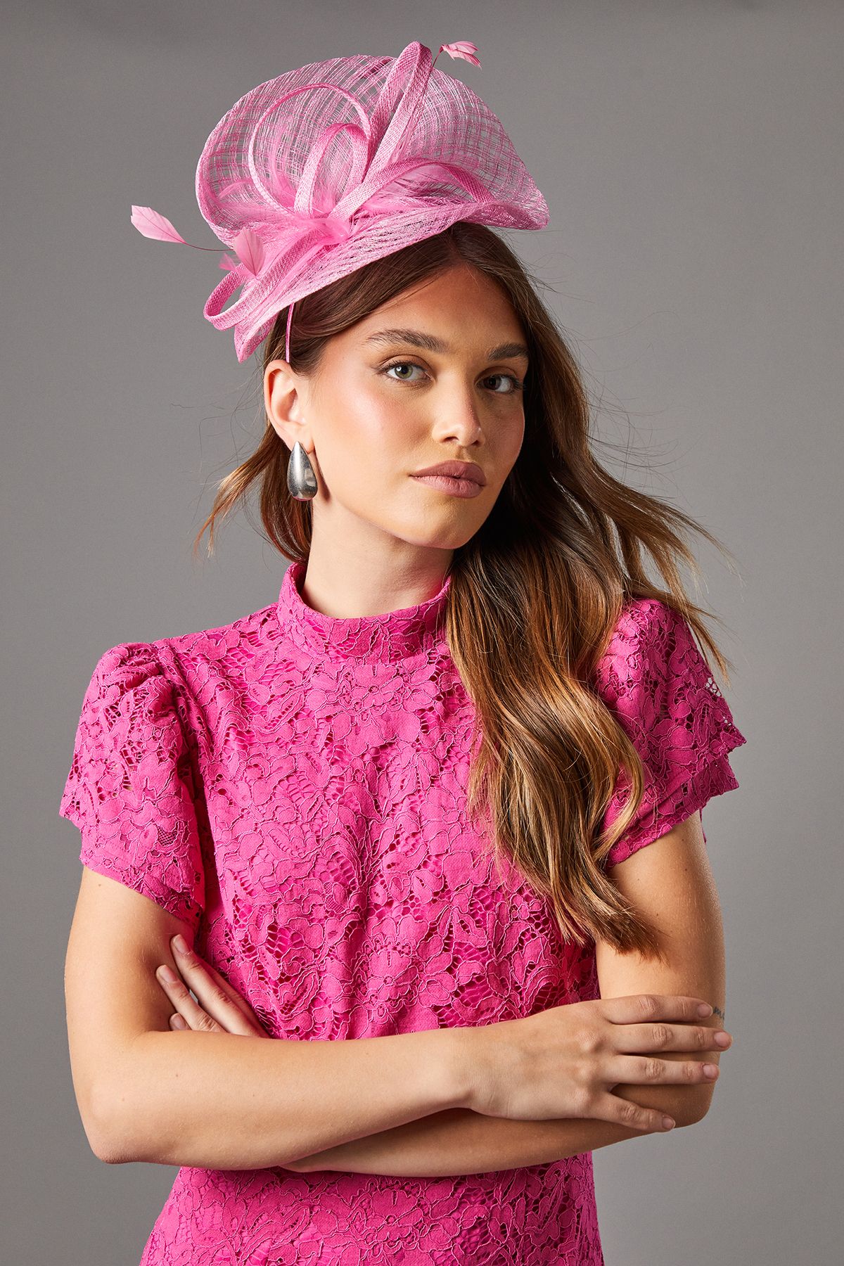 Coast Open Weave Bow And Feather Fascinator Pink