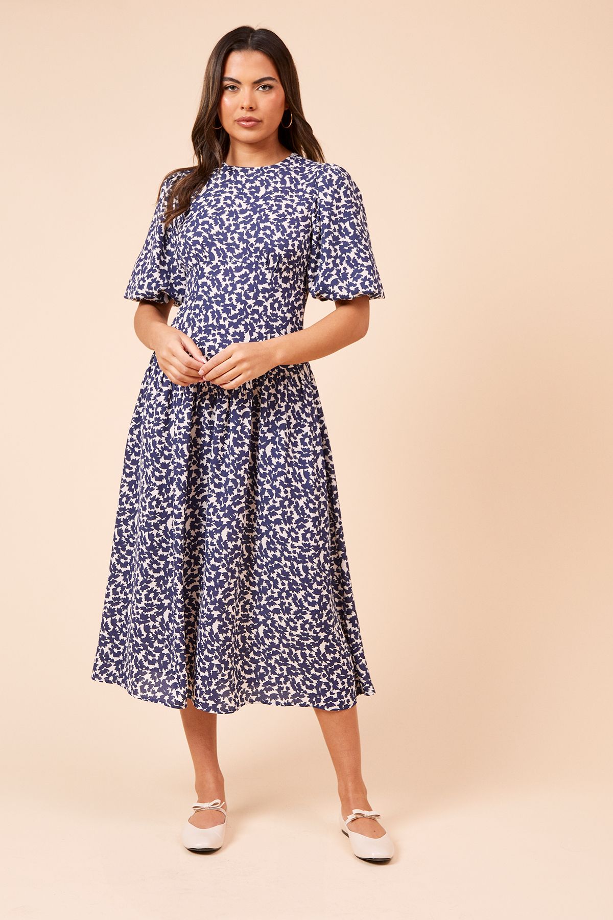 Dorothy Perkins Seamed Bodice Bagged Out Sleeve Midi Dress Navy image 1