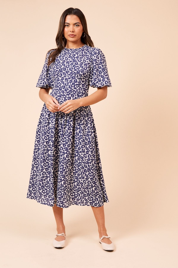 Dorothy Perkins Seamed Bodice Bagged Out Sleeve Midi Dress Navy