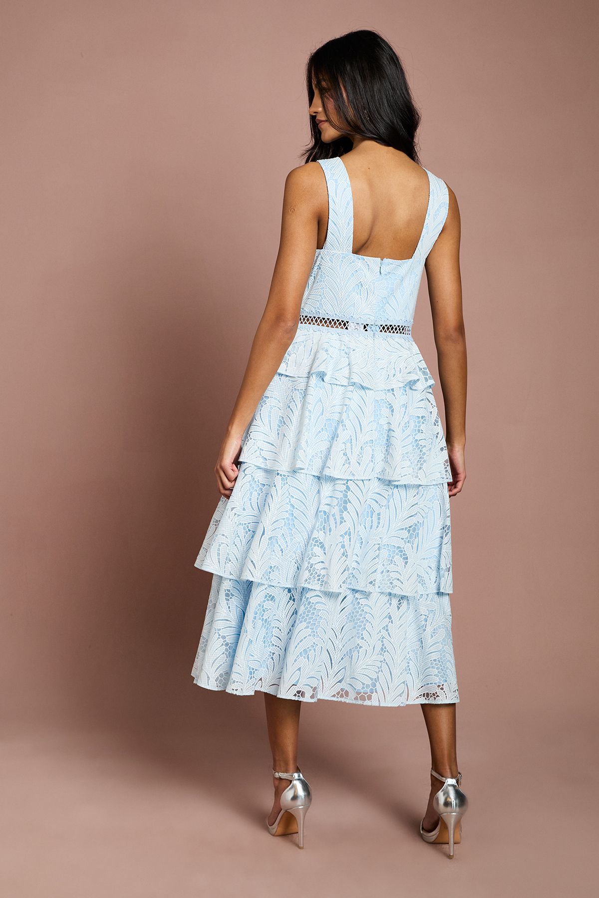 Coast Petite Tiered Lace Cross Halter Neck Button Detail Midi Dress Light Blue image 3