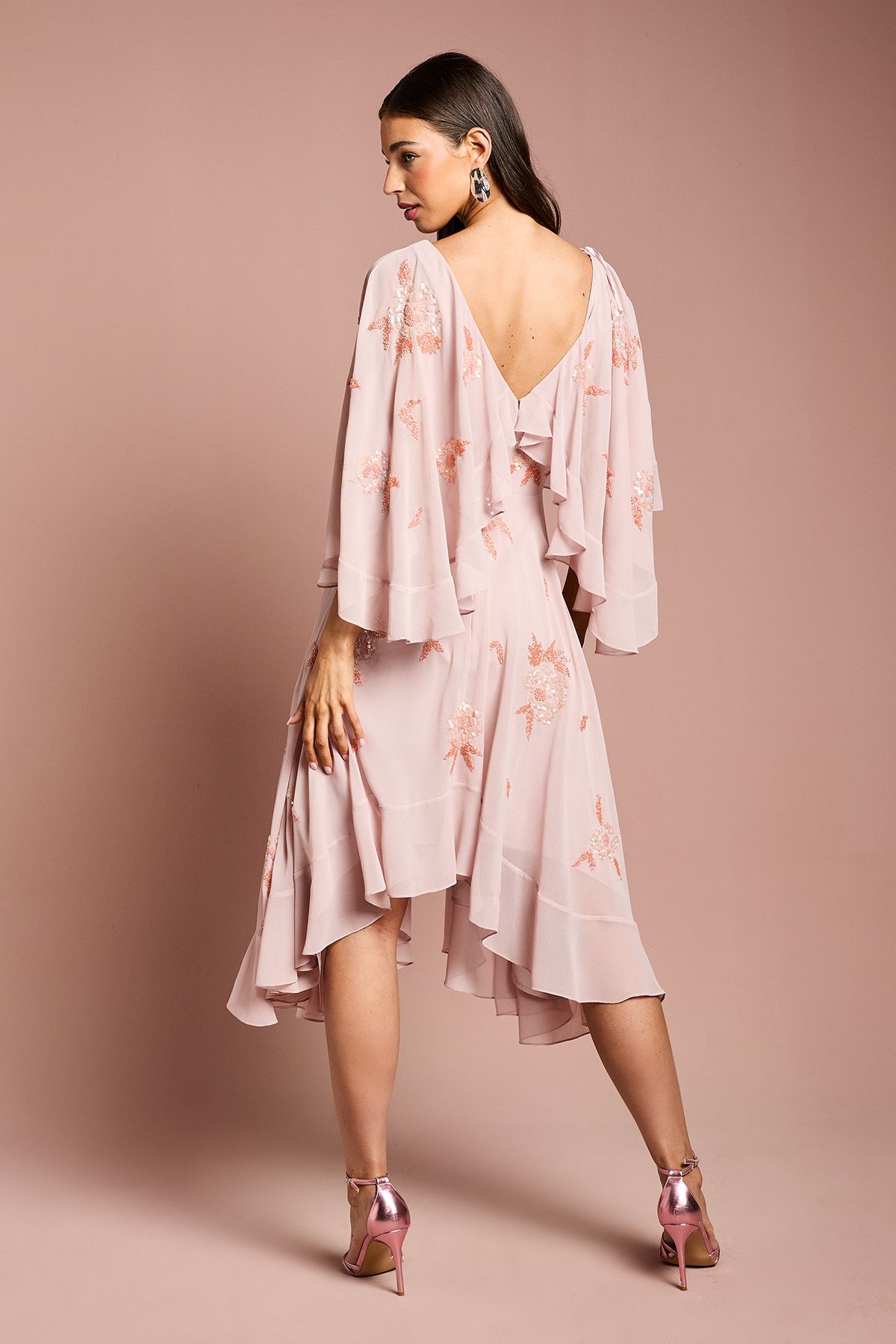 Coast Embellished Frill Cape Midi Dress Nude image 4