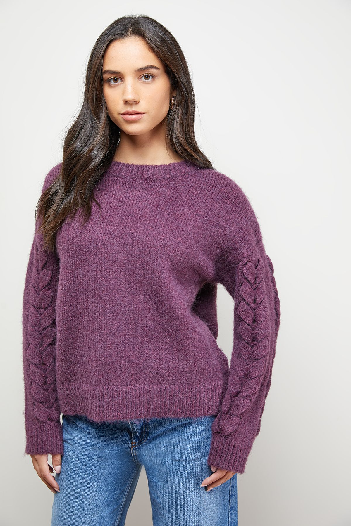 Oasis Cable Knit Sleeve Crew Neck Cosy Jumper Aubergine image 5