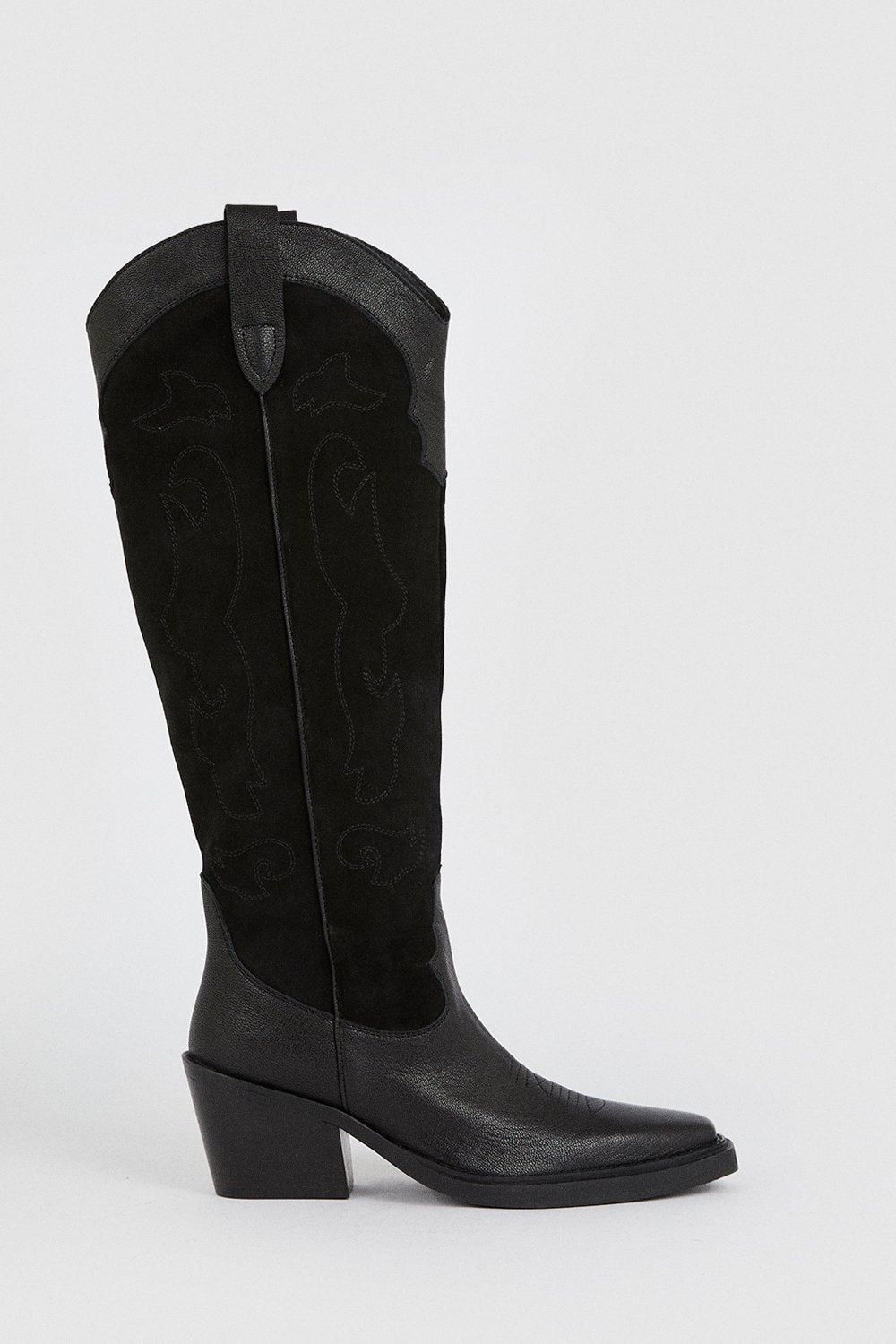 Oasis Leather And Suede Stitch Detail Western Cowboy Knee Boot Black image 2