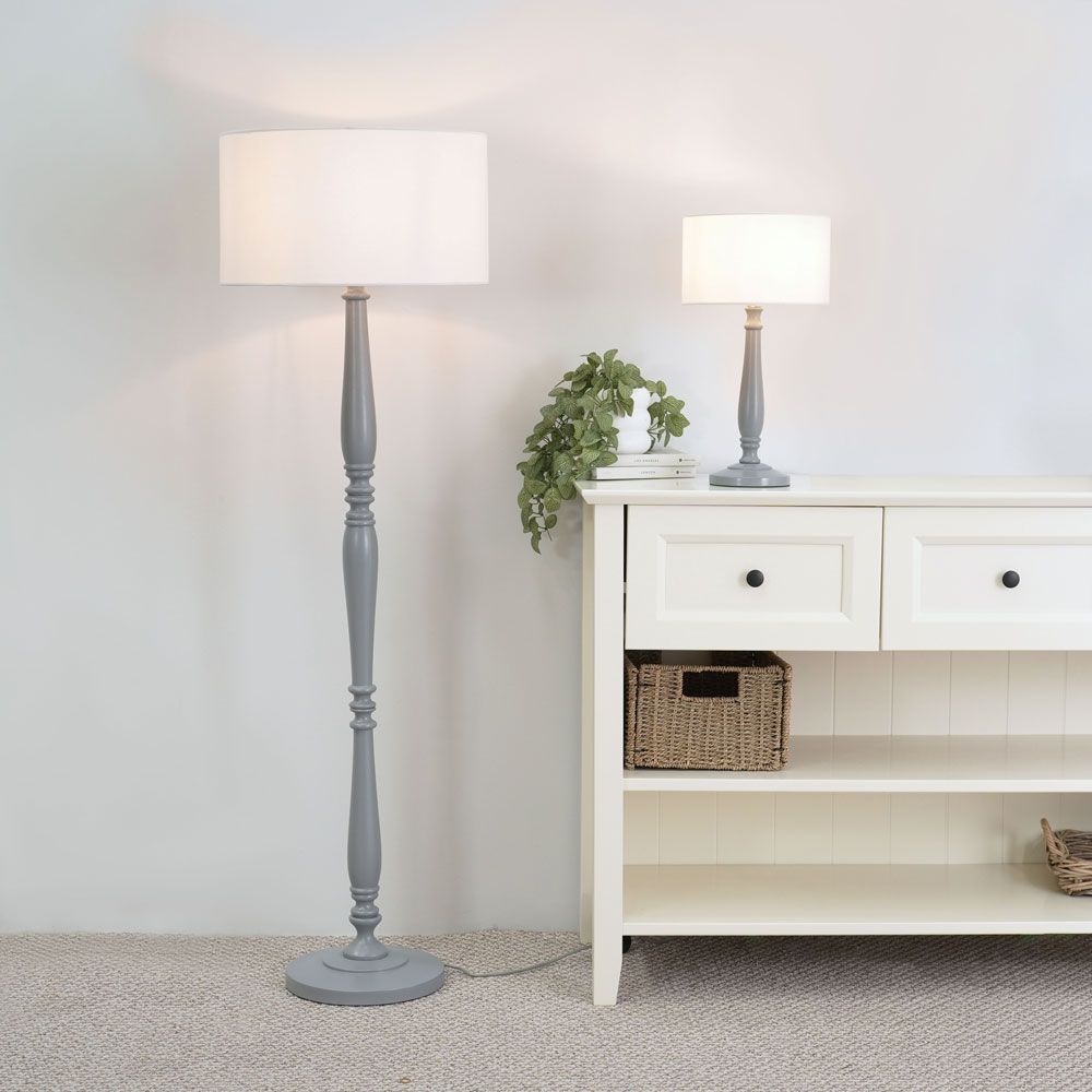 ValueLights Victoria Grey Wood Traditional Table Lamp with Fabric Drum Shade image 5