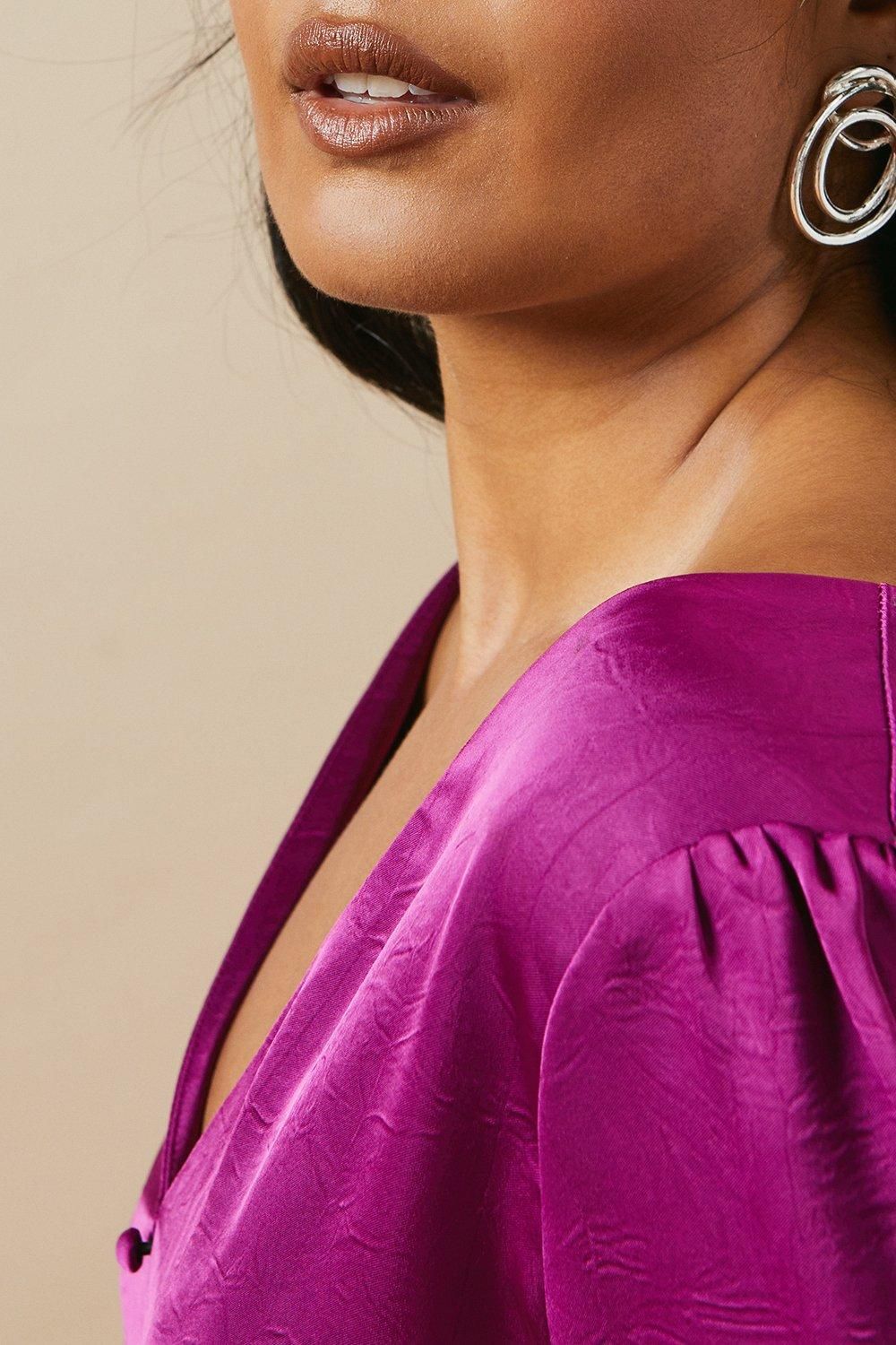 Oasis Satin Button Front Long Sleeve Tea Midi Dress Purple image 5