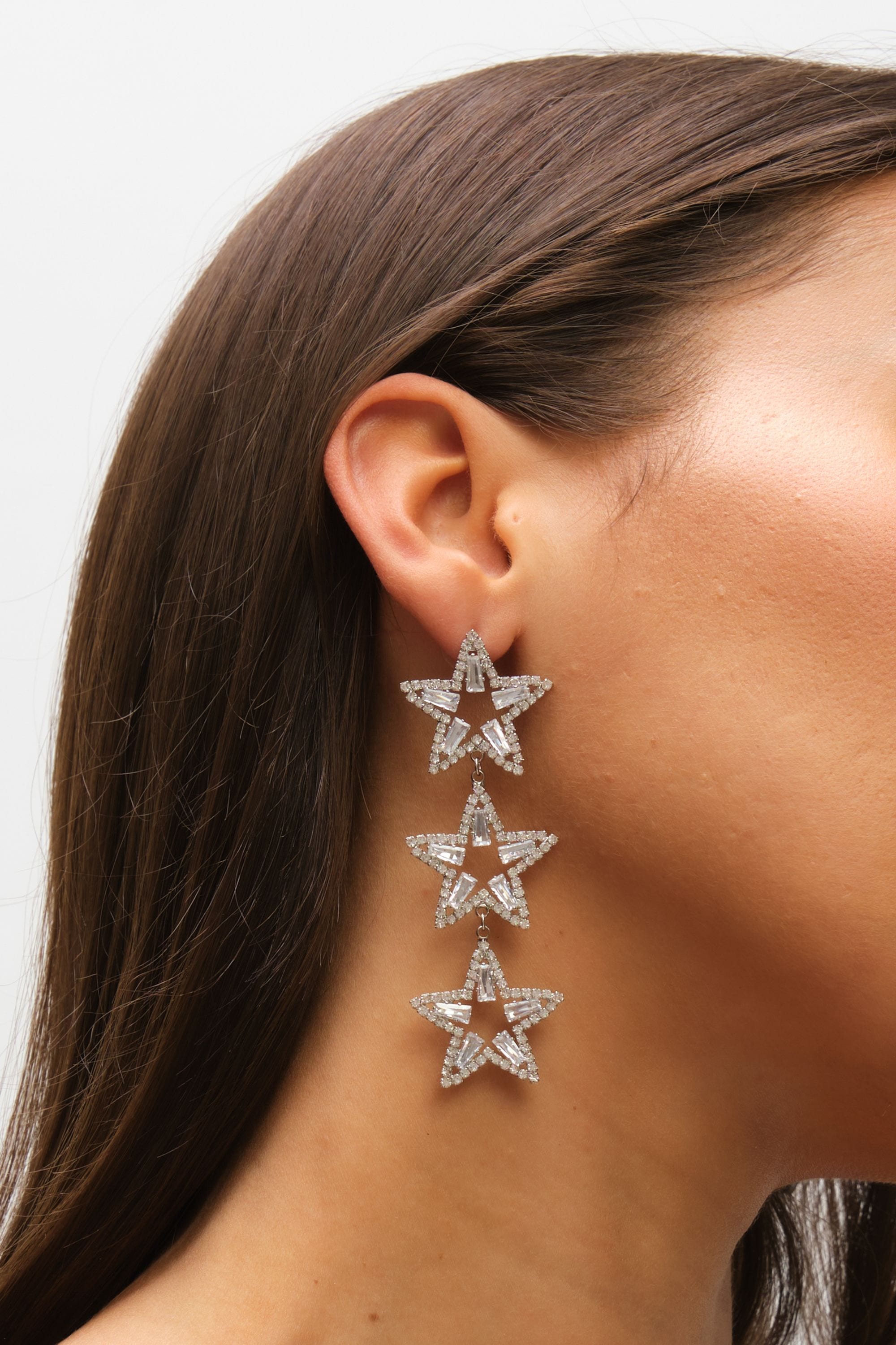 Mood Silver Crystal Triple Star Statement Drop Earrings image 4