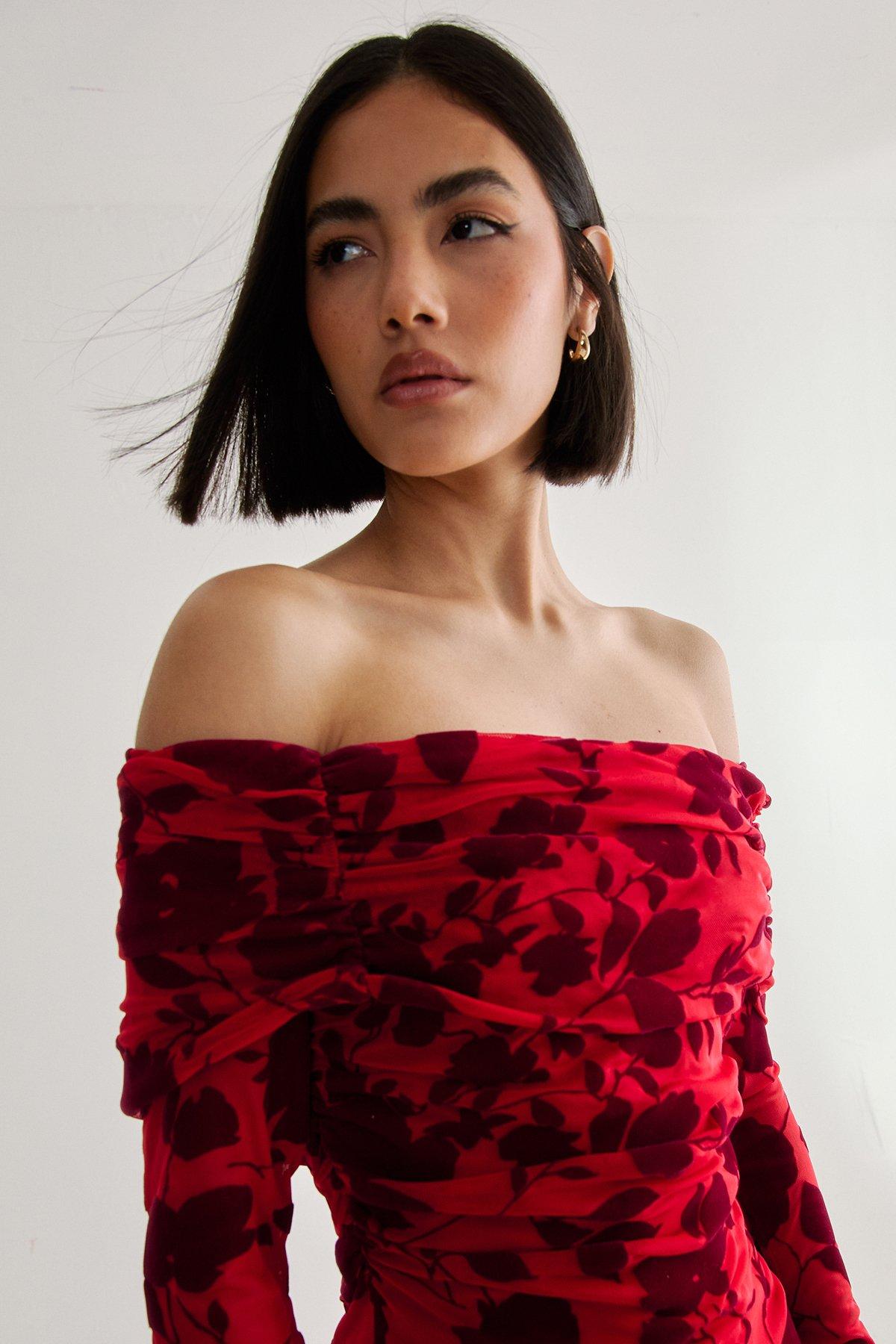 NastyGal Floral Devore Ruched Mini Dress Red image 3