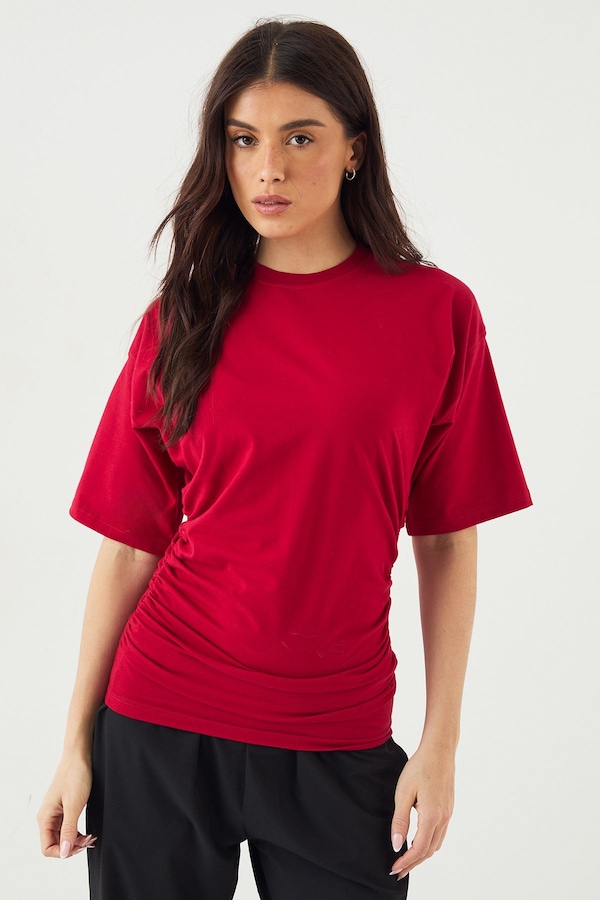 DSGN Studio DSGN Studio Ruched Side Cinched Short Sleeve Top Red