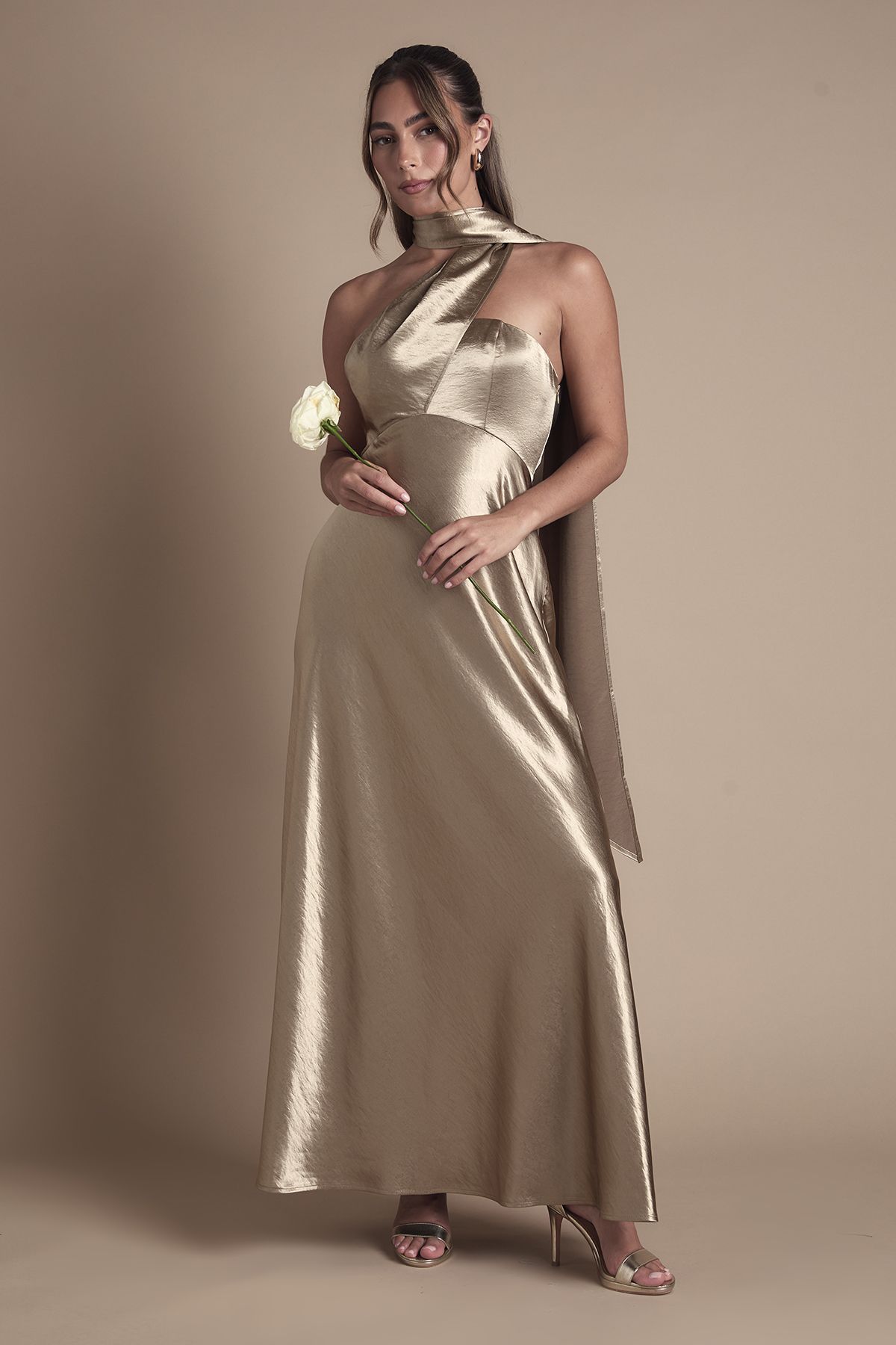 Coast Satin Scarf Detail Maxi Bridesmaid Dress Metallic Gold image 1