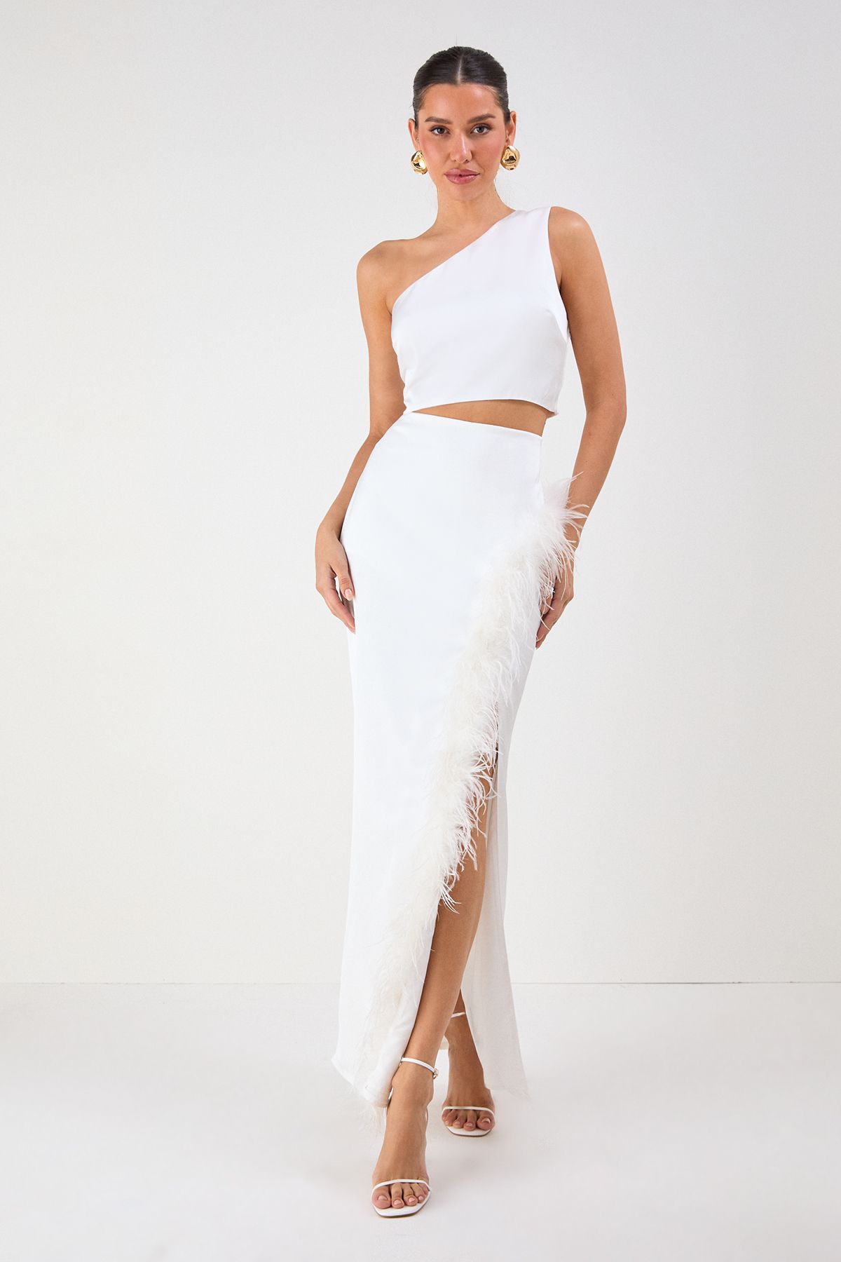 MissPap One Shoulder Top & Faux Feather Skirt Co-ord Ivory