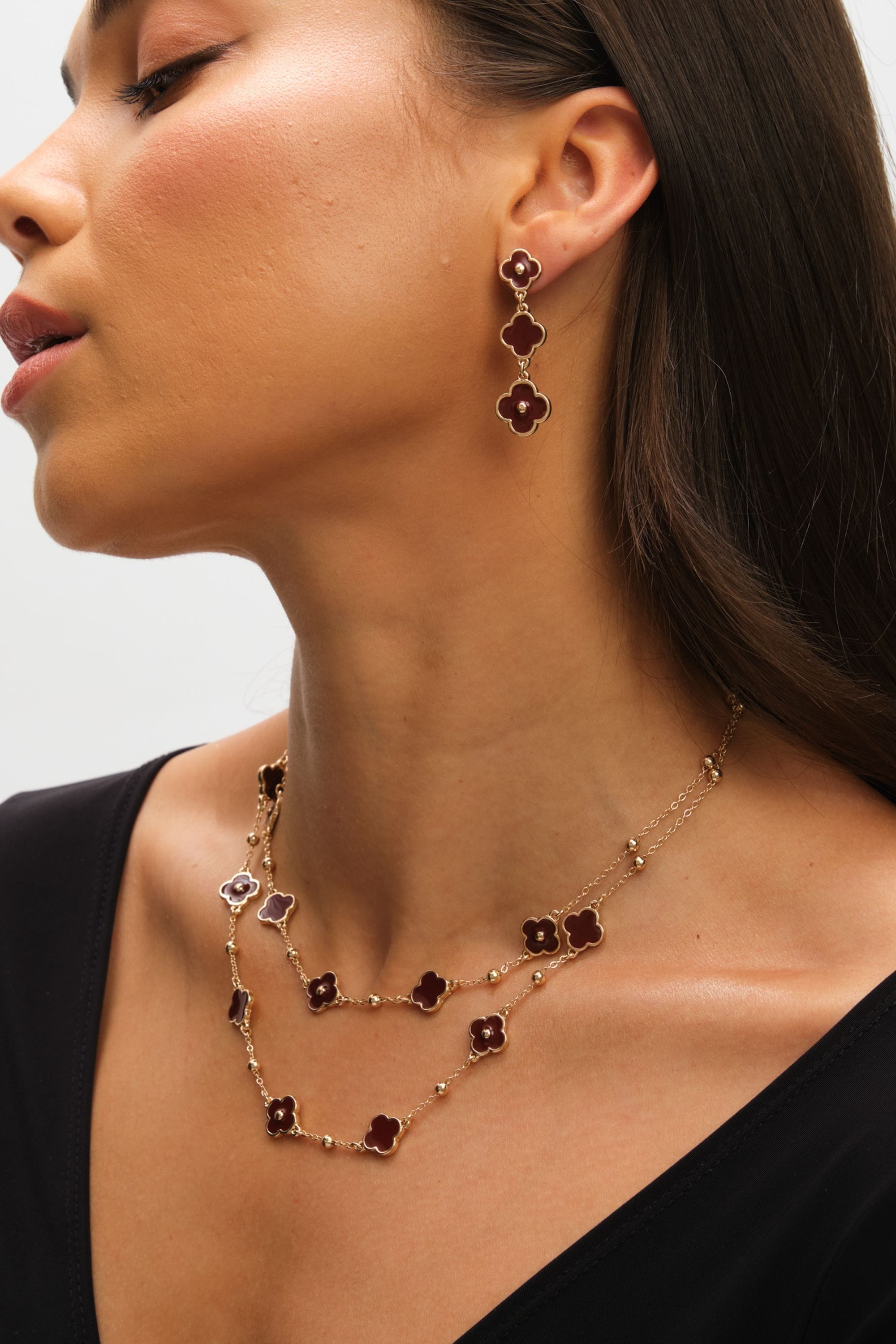 Mood Gold & Burgundy Clover Triple Drop Earrings image 2