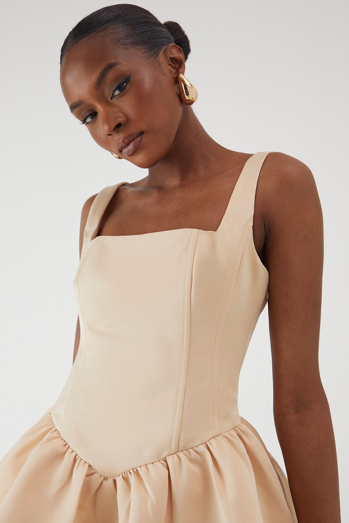 MissPap Duchess Satin Square Neckline Dipped Waist Voluminous Mini Dress Champagne image 4