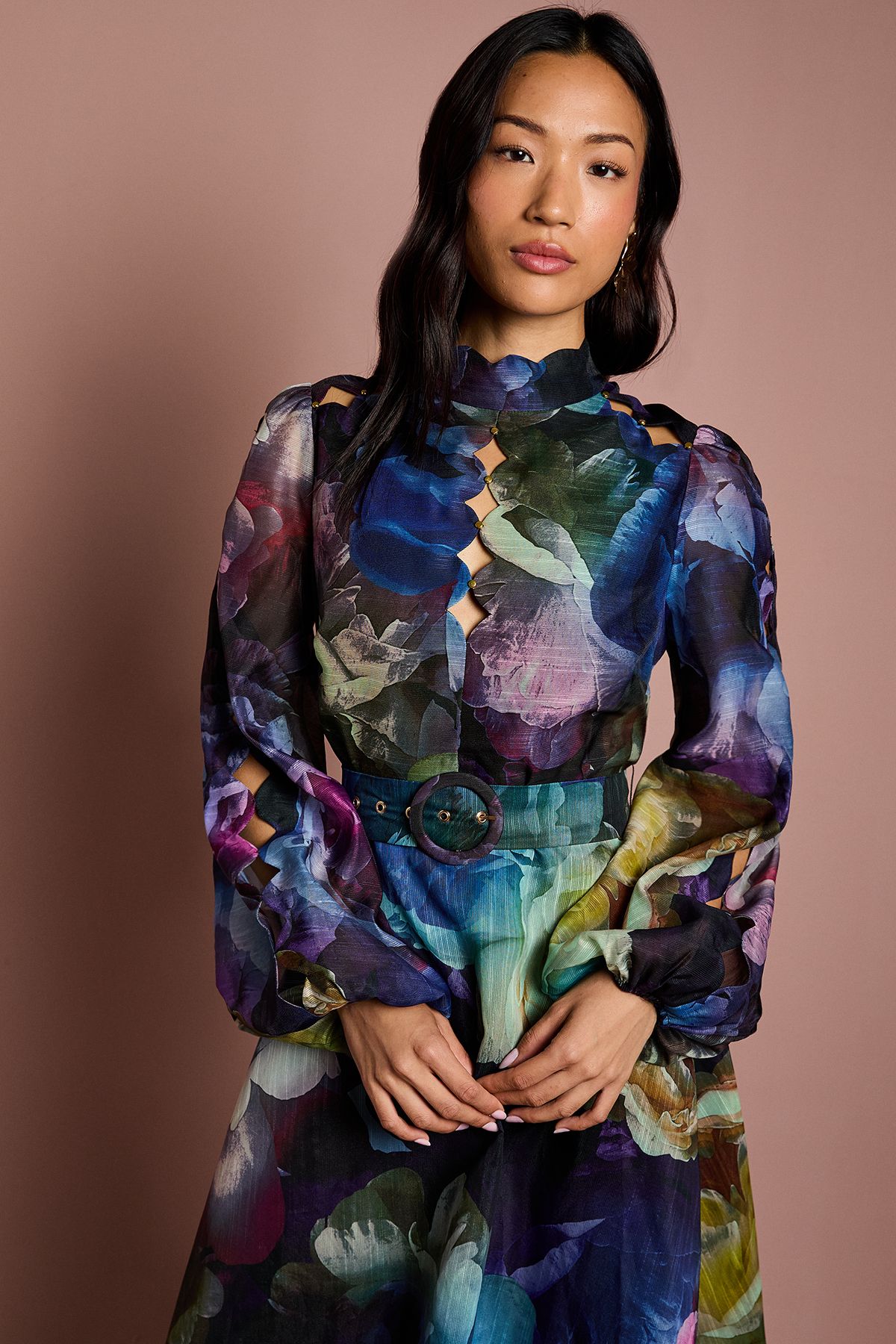 Coast Long Sleeve Scallop Cut Out Detail Organza Midi Dress Navy image 2