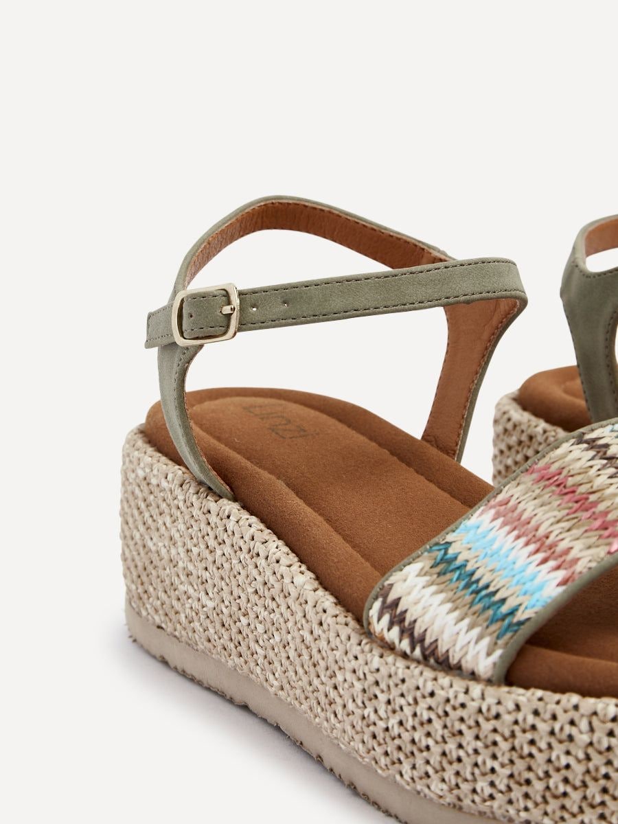 Linzi Sage Sage Green Faux Nubuck Multicoloured Front Strap Raffia Flatform Sanda image 4