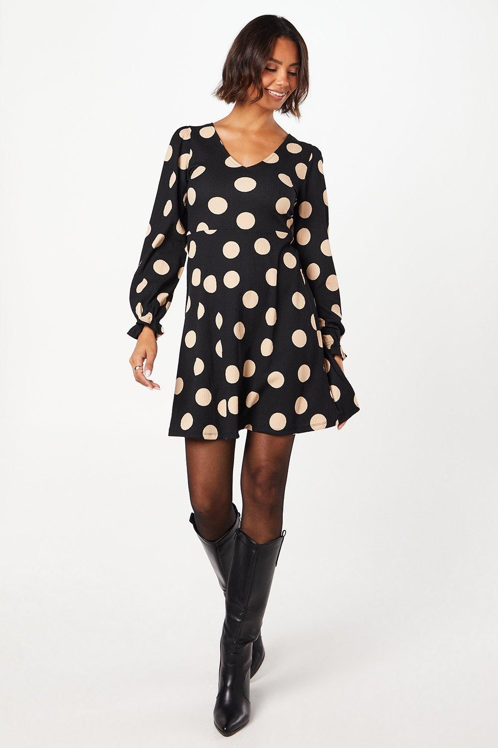 Dorothy Perkins Spot Long Sleeve V Neck Mini Dress Black image 4