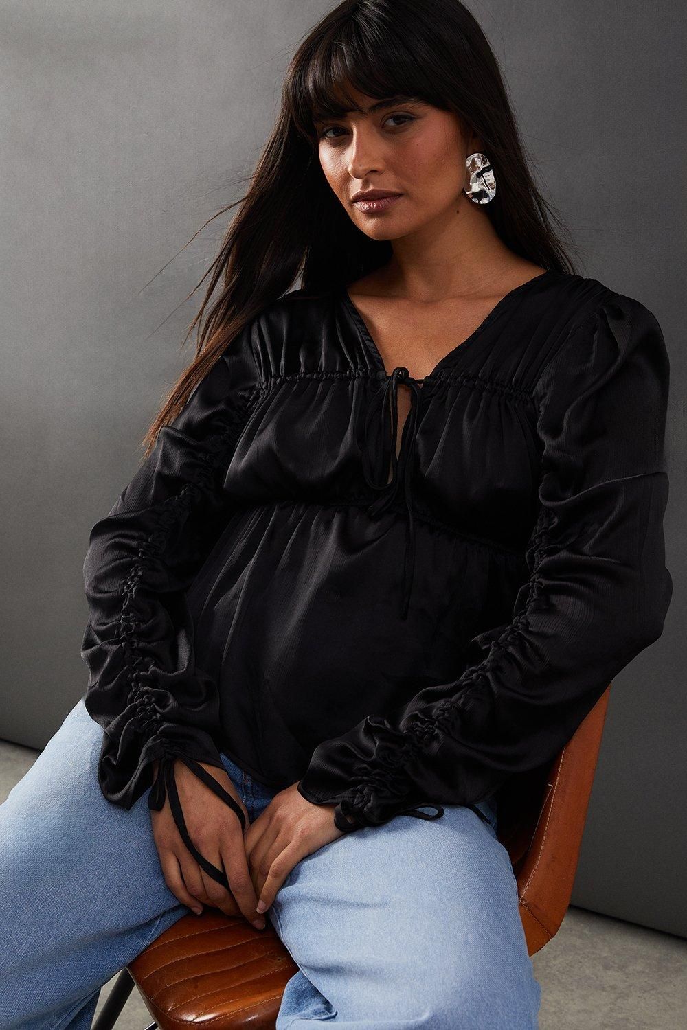 Warehouse Crinkle Satin Tie Front Volume Sleeve Blouse Black image 4