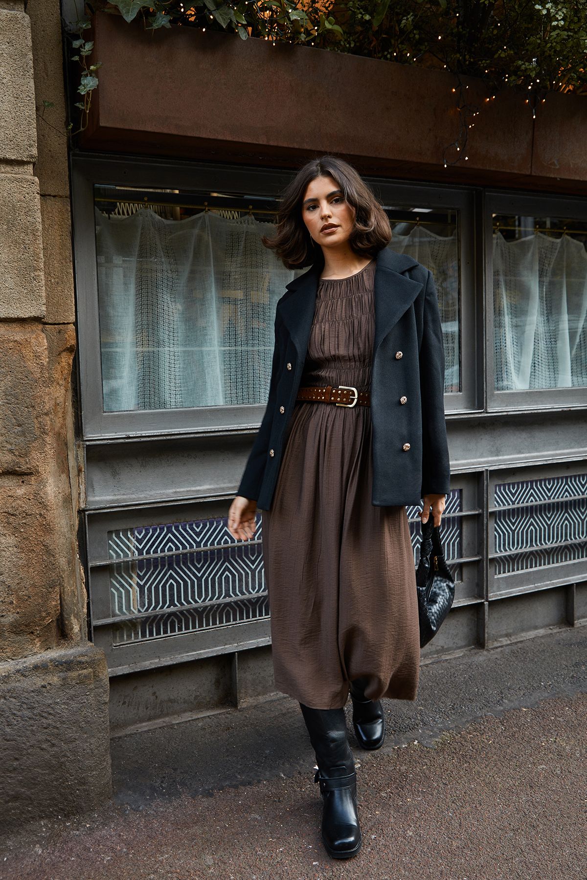 Oasis Shirred Bodice Puff Sleeve Midi Dress Brown image 1