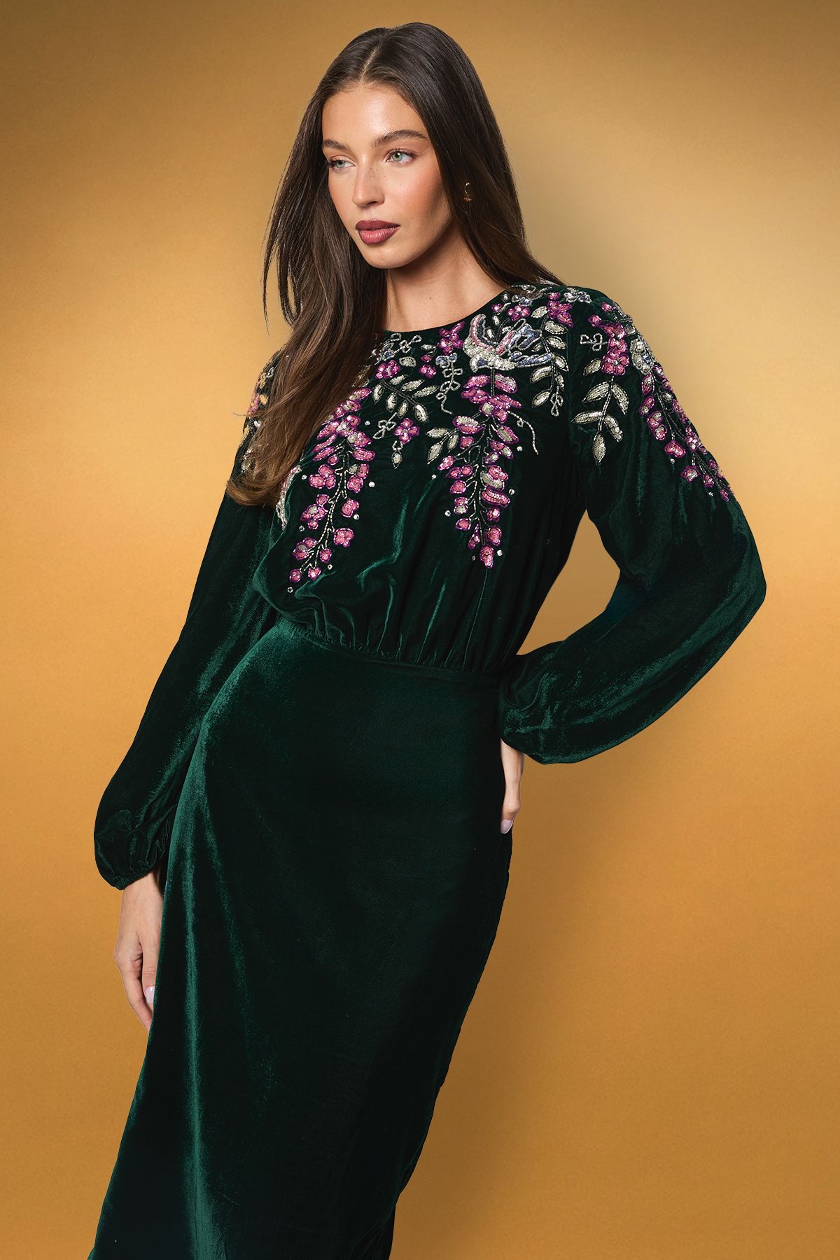 Coast Encrusted Floral Long Sleeve Velvet Midi Dress Emerald image 4